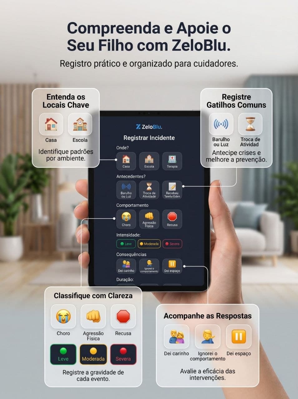 Diário de Comportamento ABA do ZeloBlu — interface de registro rápido de crises para crianças com autismo