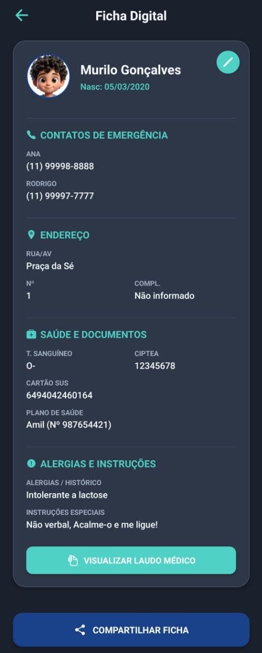 Página do Cartão Digital no ZeloBlu exibindo todas as informações do usuário, alergias e contatos de emergência