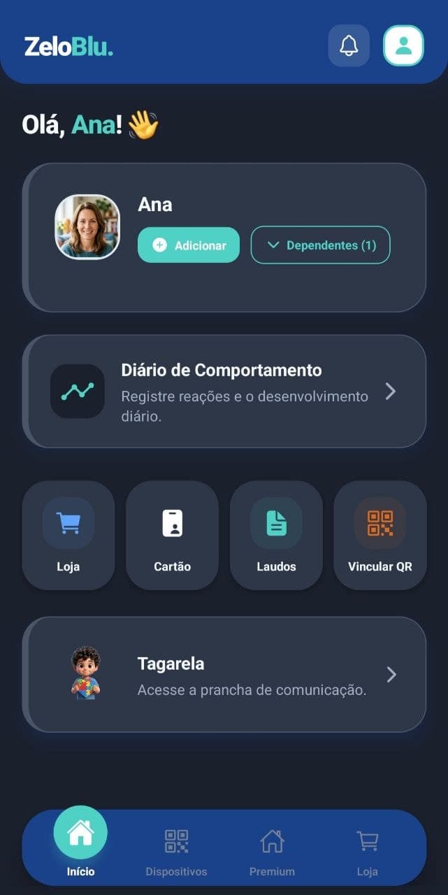 Tela inicial (Home) do aplicativo ZeloBlu mostrando o botão Cartão de Identificação em destaque